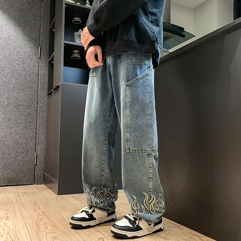2025 Spring New Personality Embroidery Men's Baggy Jeans Streetwear Loose Straight Denim Trousers Male Brand Clothing