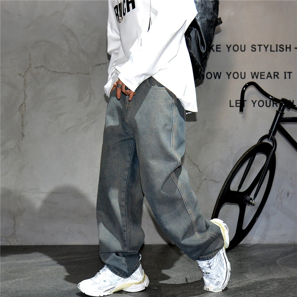 American Streetwear Baggy Jeans For Mens Clothing Vintage Distressed Gray Denim Pants Harajuku Casual Skateboard Pants Male