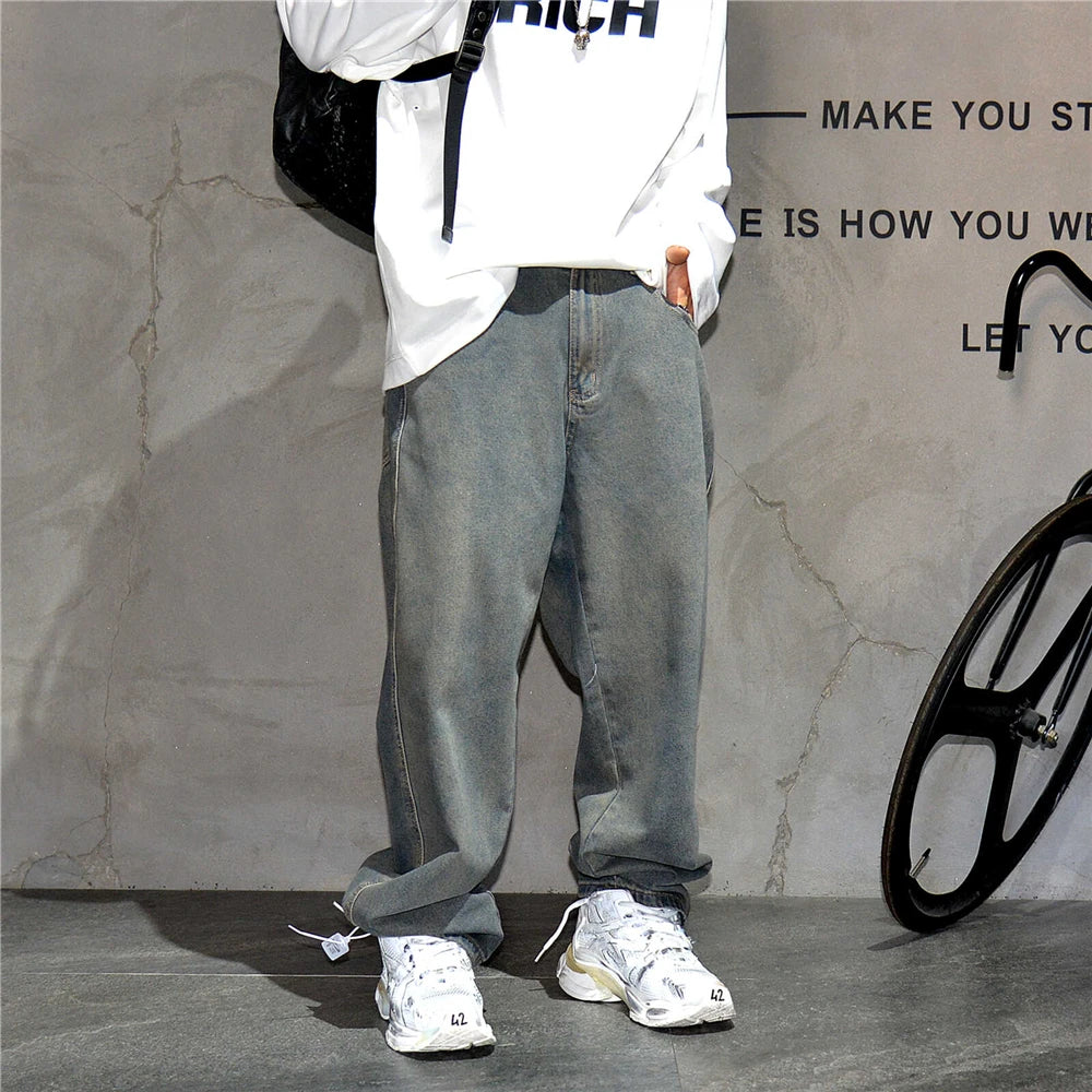 American Streetwear Baggy Jeans For Mens Clothing Vintage Distressed Gray Denim Pants Harajuku Casual Skateboard Pants Male