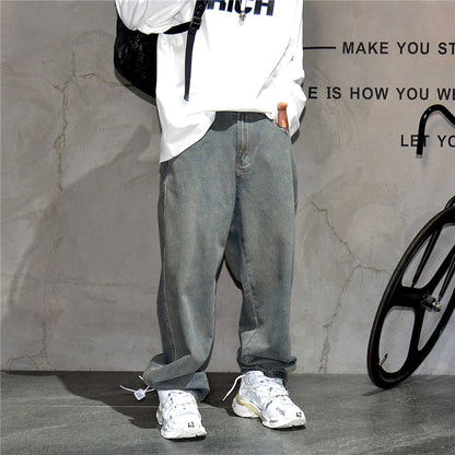 American Streetwear Baggy Jeans For Mens Clothing Vintage Distressed Gray Denim Pants Harajuku Casual Skateboard Pants Male