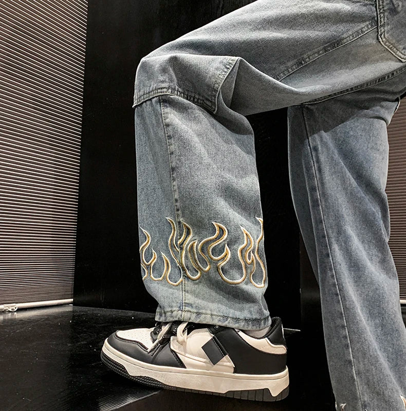 2025 Spring New Personality Embroidery Men's Baggy Jeans Streetwear Loose Straight Denim Trousers Male Brand Clothing