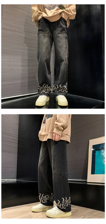 2025 Spring New Personality Embroidery Men's Baggy Jeans Streetwear Loose Straight Denim Trousers Male Brand Clothing