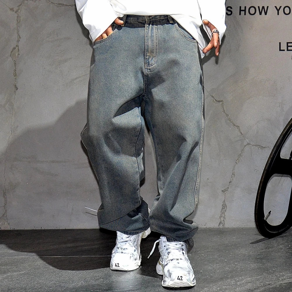 American Streetwear Baggy Jeans For Mens Clothing Vintage Distressed Gray Denim Pants Harajuku Casual Skateboard Pants Male
