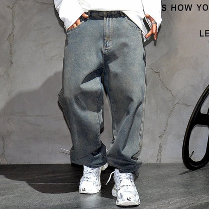 American Streetwear Baggy Jeans For Mens Clothing Vintage Distressed Gray Denim Pants Harajuku Casual Skateboard Pants Male