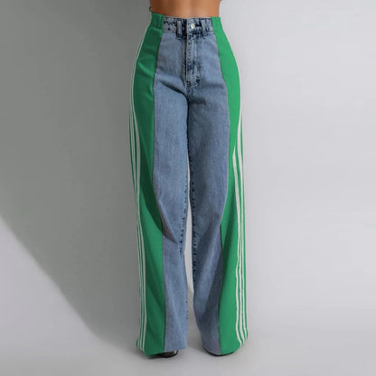 Women's Spring Summer Baggy Jeans Pants High Waist Loose Wide Leg Side Striped Denim Pants Streetwear