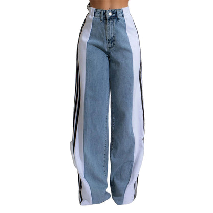 Women's Spring Summer Baggy Jeans Pants High Waist Loose Wide Leg Side Striped Denim Pants Streetwear