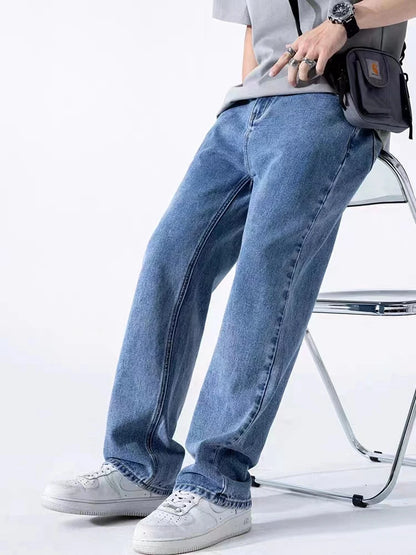 Men's Straight Jeans Korean Fashion Elastic Banded Wide Leg Blue Denim Pants Casual Baggy Jeans Trousers
