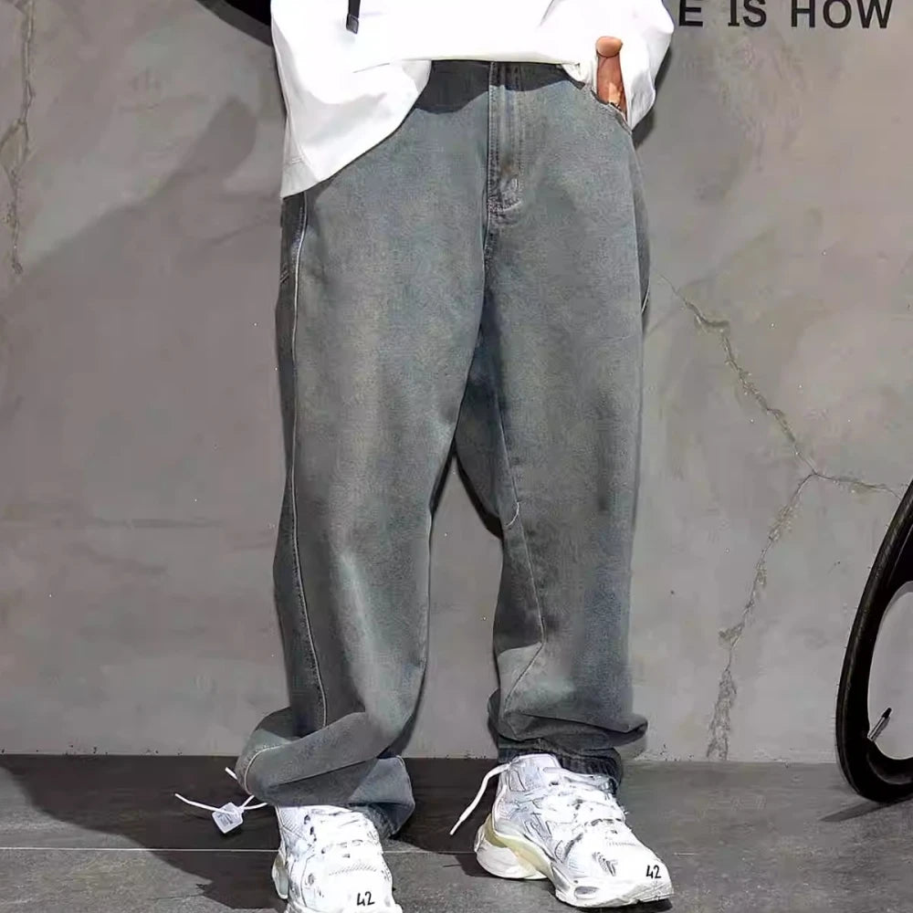 American Streetwear Baggy Jeans For Mens Clothing Vintage Distressed Gray Denim Pants Harajuku Casual Skateboard Pants Male
