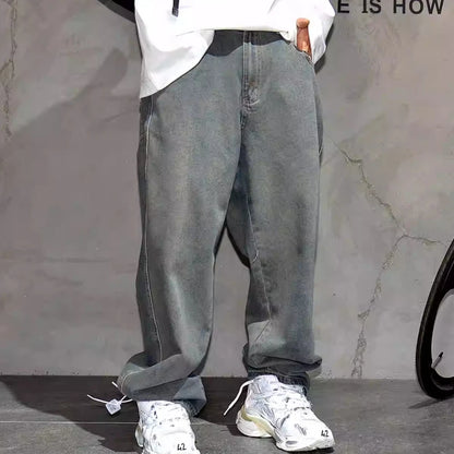 American Streetwear Baggy Jeans For Mens Clothing Vintage Distressed Gray Denim Pants Harajuku Casual Skateboard Pants Male