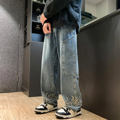 2025 Spring New Personality Embroidery Men's Baggy Jeans Streetwear Loose Straight Denim Trousers Male Brand Clothing