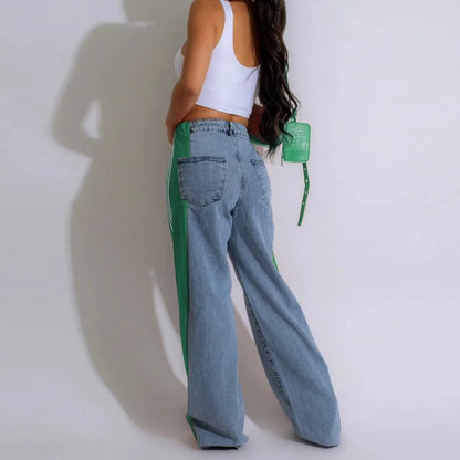 Women's Spring Summer Baggy Jeans Pants High Waist Loose Wide Leg Side Striped Denim Pants Streetwear
