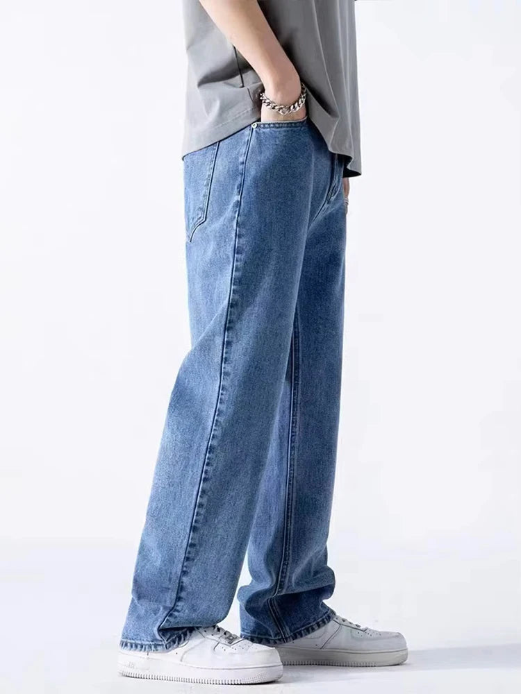 Men's Straight Jeans Korean Fashion Elastic Banded Wide Leg Blue Denim Pants Casual Baggy Jeans Trousers