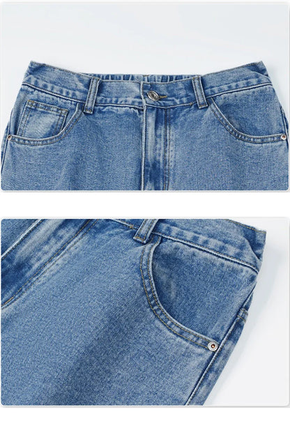 Men's Straight Jeans Korean Fashion Elastic Banded Wide Leg Blue Denim Pants Casual Baggy Jeans Trousers