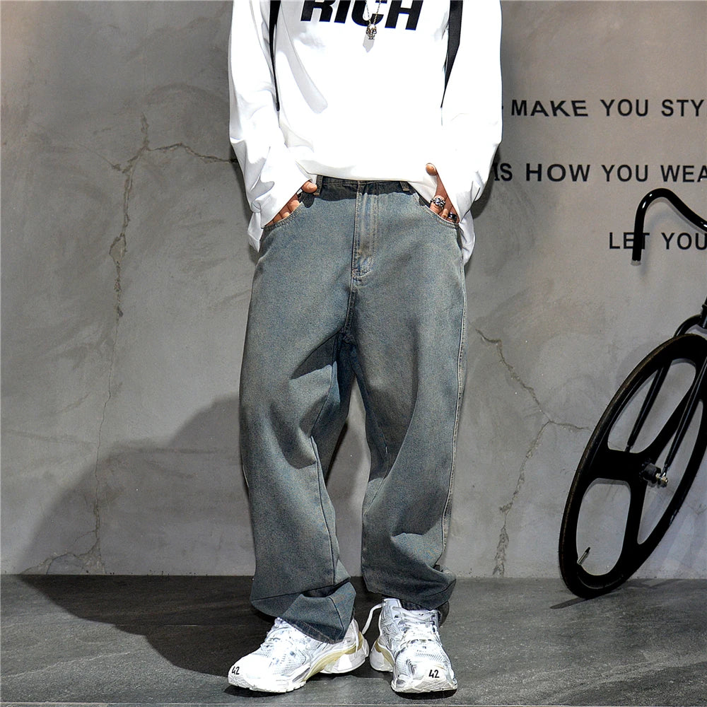 American Streetwear Baggy Jeans For Mens Clothing Vintage Distressed Gray Denim Pants Harajuku Casual Skateboard Pants Male