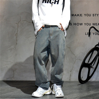 American Streetwear Baggy Jeans For Mens Clothing Vintage Distressed Gray Denim Pants Harajuku Casual Skateboard Pants Male