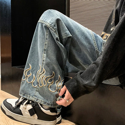 2025 Spring New Personality Embroidery Men's Baggy Jeans Streetwear Loose Straight Denim Trousers Male Brand Clothing
