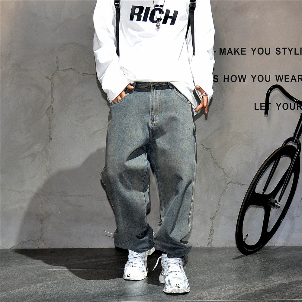 American Streetwear Baggy Jeans For Mens Clothing Vintage Distressed Gray Denim Pants Harajuku Casual Skateboard Pants Male