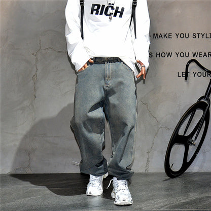 American Streetwear Baggy Jeans For Mens Clothing Vintage Distressed Gray Denim Pants Harajuku Casual Skateboard Pants Male