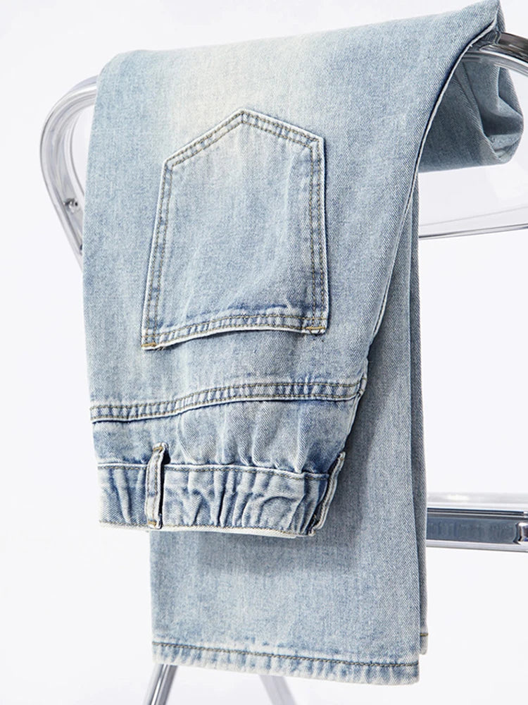 Men's Straight Jeans Korean Fashion Elastic Banded Wide Leg Blue Denim Pants Casual Baggy Jeans Trousers