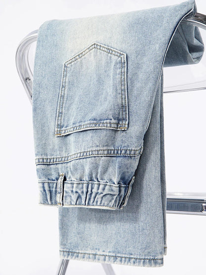 Men's Straight Jeans Korean Fashion Elastic Banded Wide Leg Blue Denim Pants Casual Baggy Jeans Trousers