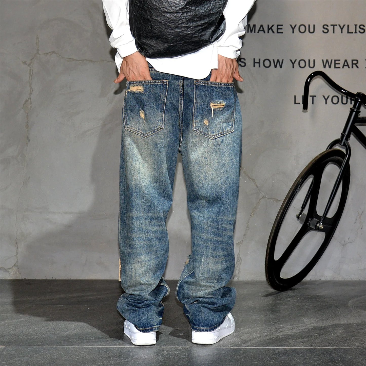 Mens Ripped Baggy Jeans Distressed Denim Streetwear Skateboard Pants Straight Leg Patchwork Oversized Urban Fashion Workwear