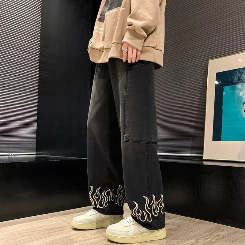 2025 Spring New Personality Embroidery Men's Baggy Jeans Streetwear Loose Straight Denim Trousers Male Brand Clothing