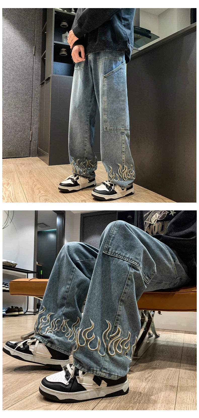 2025 Spring New Personality Embroidery Men's Baggy Jeans Streetwear Loose Straight Denim Trousers Male Brand Clothing