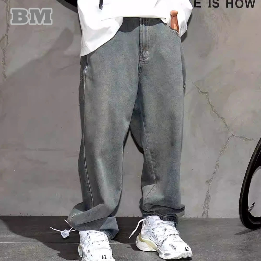 American Streetwear Baggy Jeans For Mens Clothing Vintage Distressed Gray Denim Pants Harajuku Casual Skateboard Pants Male