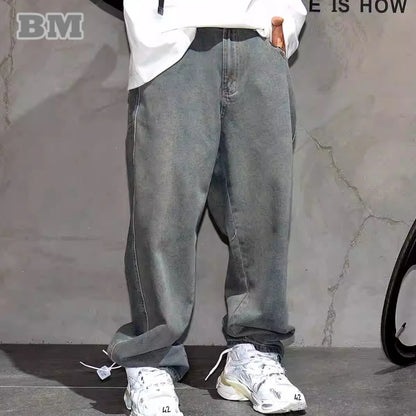 American Streetwear Baggy Jeans For Mens Clothing Vintage Distressed Gray Denim Pants Harajuku Casual Skateboard Pants Male