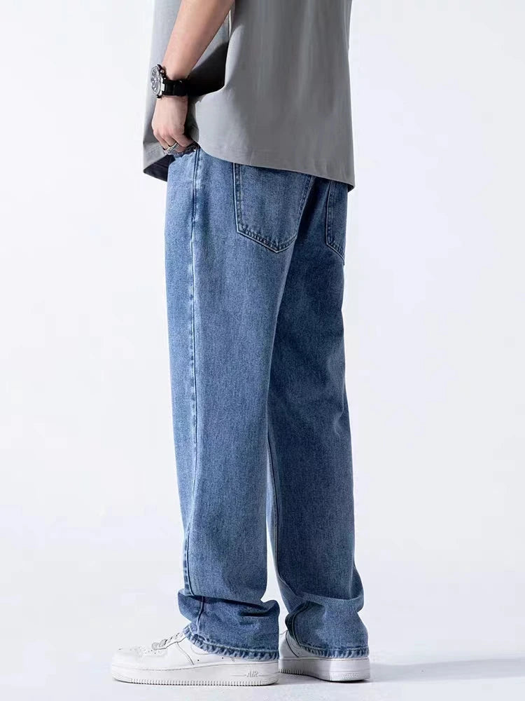 Men's Straight Jeans Korean Fashion Elastic Banded Wide Leg Blue Denim Pants Casual Baggy Jeans Trousers