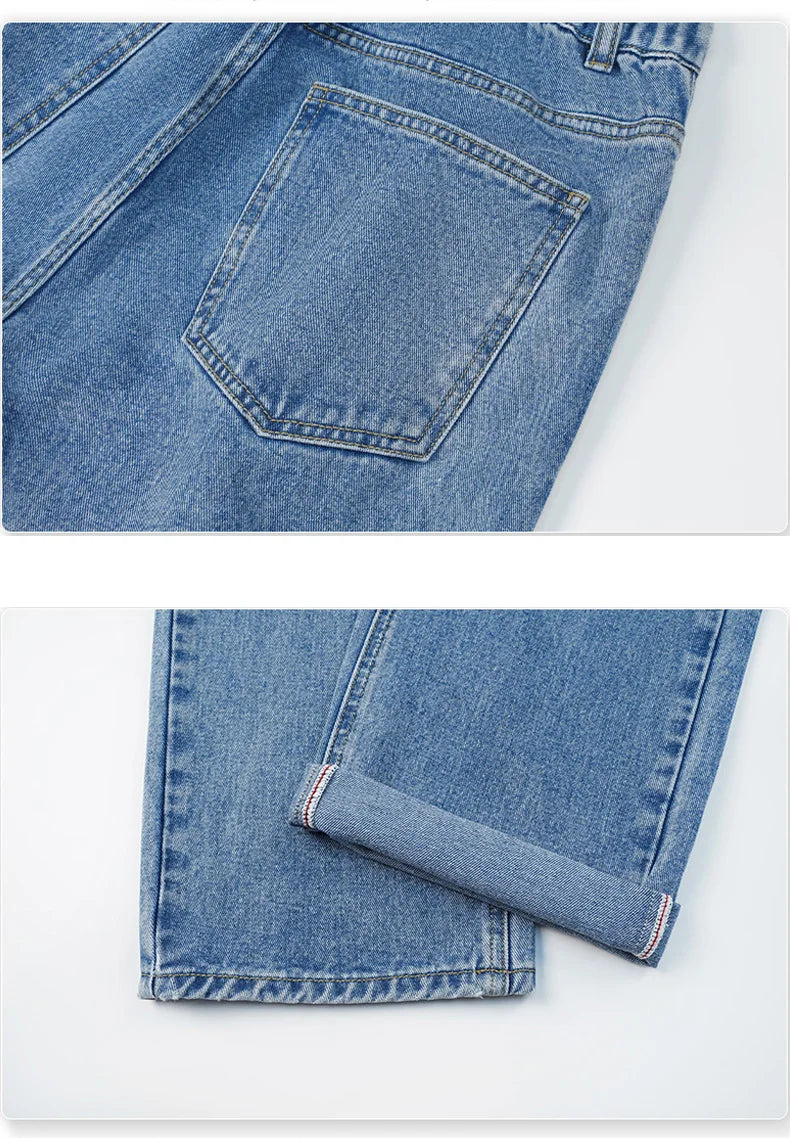 Men's Straight Jeans Korean Fashion Elastic Banded Wide Leg Blue Denim Pants Casual Baggy Jeans Trousers