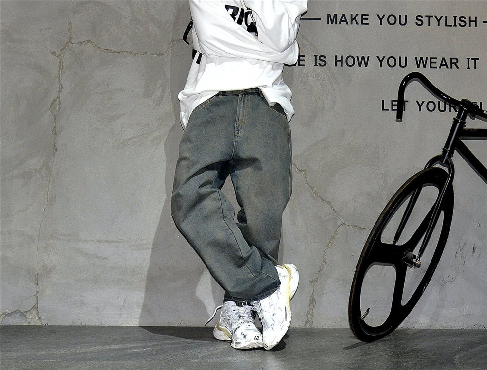 American Streetwear Baggy Jeans For Mens Clothing Vintage Distressed Gray Denim Pants Harajuku Casual Skateboard Pants Male