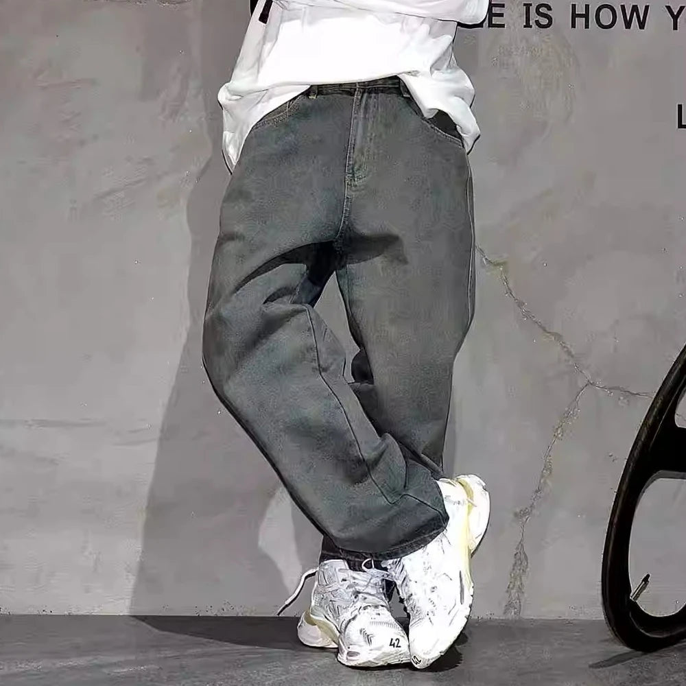 American Streetwear Baggy Jeans For Mens Clothing Vintage Distressed Gray Denim Pants Harajuku Casual Skateboard Pants Male