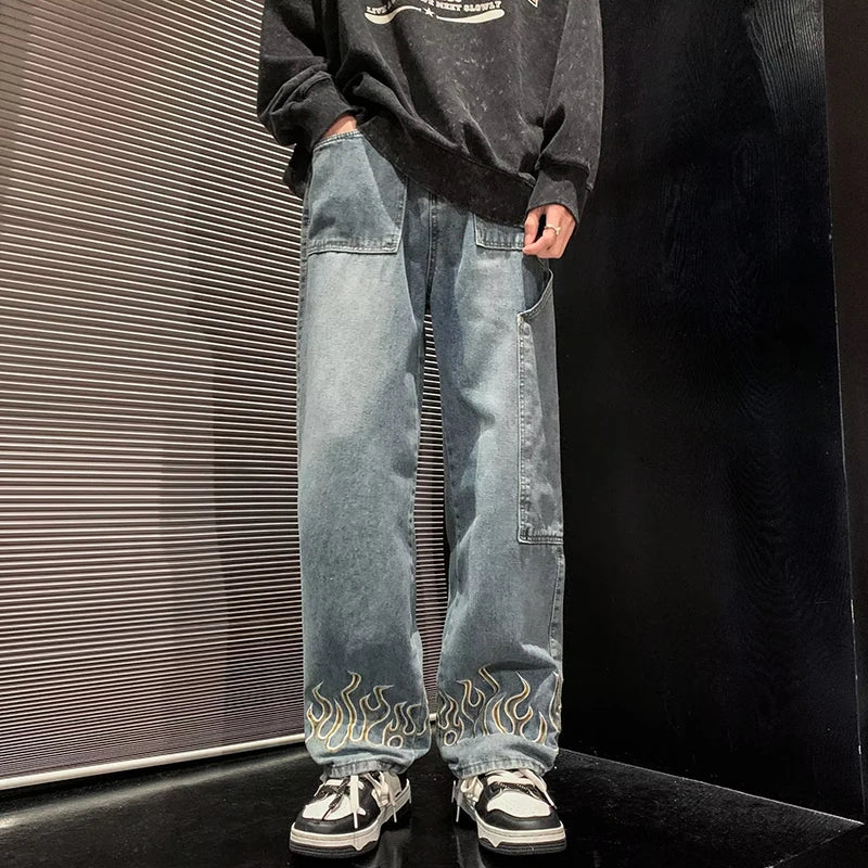 2025 Spring New Personality Embroidery Men's Baggy Jeans Streetwear Loose Straight Denim Trousers Male Brand Clothing
