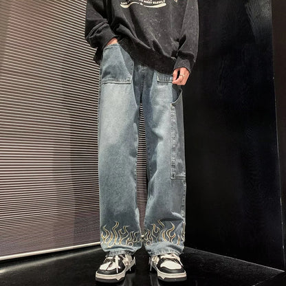 2025 Spring New Personality Embroidery Men's Baggy Jeans Streetwear Loose Straight Denim Trousers Male Brand Clothing