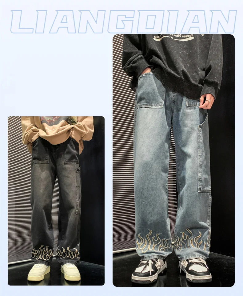 2025 Spring New Personality Embroidery Men's Baggy Jeans Streetwear Loose Straight Denim Trousers Male Brand Clothing
