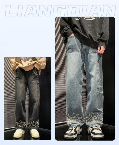 2025 Spring New Personality Embroidery Men's Baggy Jeans Streetwear Loose Straight Denim Trousers Male Brand Clothing