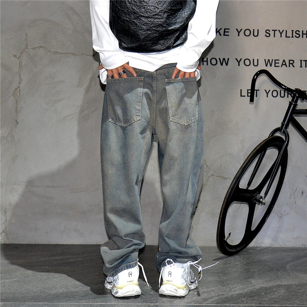American Streetwear Baggy Jeans For Mens Clothing Vintage Distressed Gray Denim Pants Harajuku Casual Skateboard Pants Male