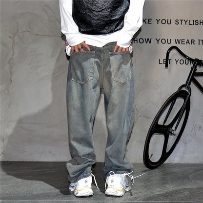 American Streetwear Baggy Jeans For Mens Clothing Vintage Distressed Gray Denim Pants Harajuku Casual Skateboard Pants Male