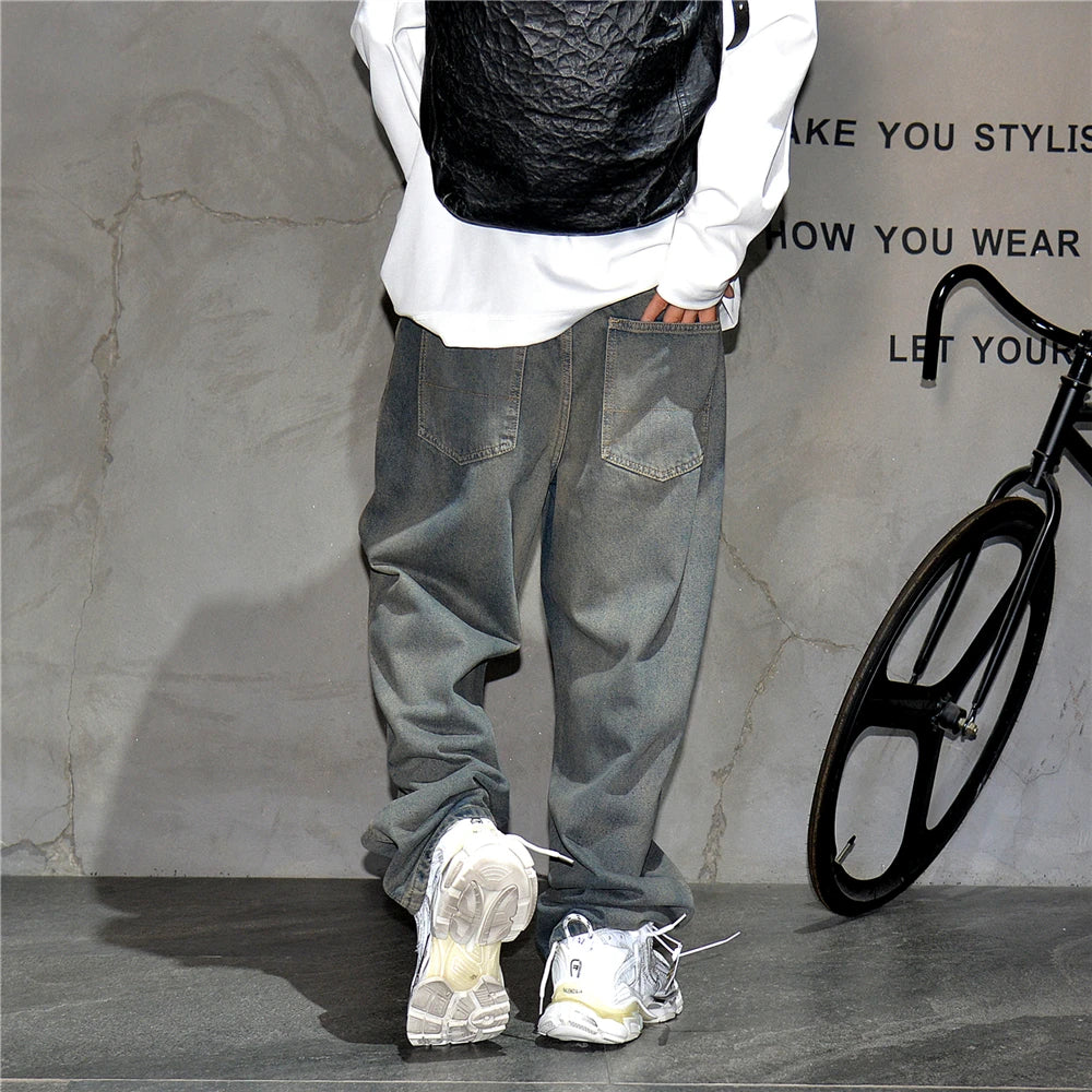 American Streetwear Baggy Jeans For Mens Clothing Vintage Distressed Gray Denim Pants Harajuku Casual Skateboard Pants Male