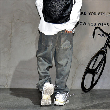 American Streetwear Baggy Jeans For Mens Clothing Vintage Distressed Gray Denim Pants Harajuku Casual Skateboard Pants Male