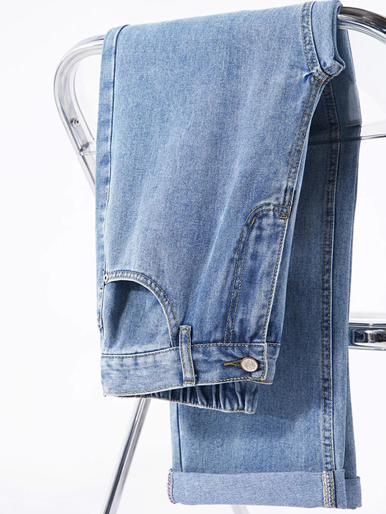 Men's Straight Jeans Korean Fashion Elastic Banded Wide Leg Blue Denim Pants Casual Baggy Jeans Trousers