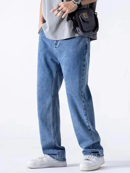 Men's Straight Jeans Korean Fashion Elastic Banded Wide Leg Blue Denim Pants Casual Baggy Jeans Trousers