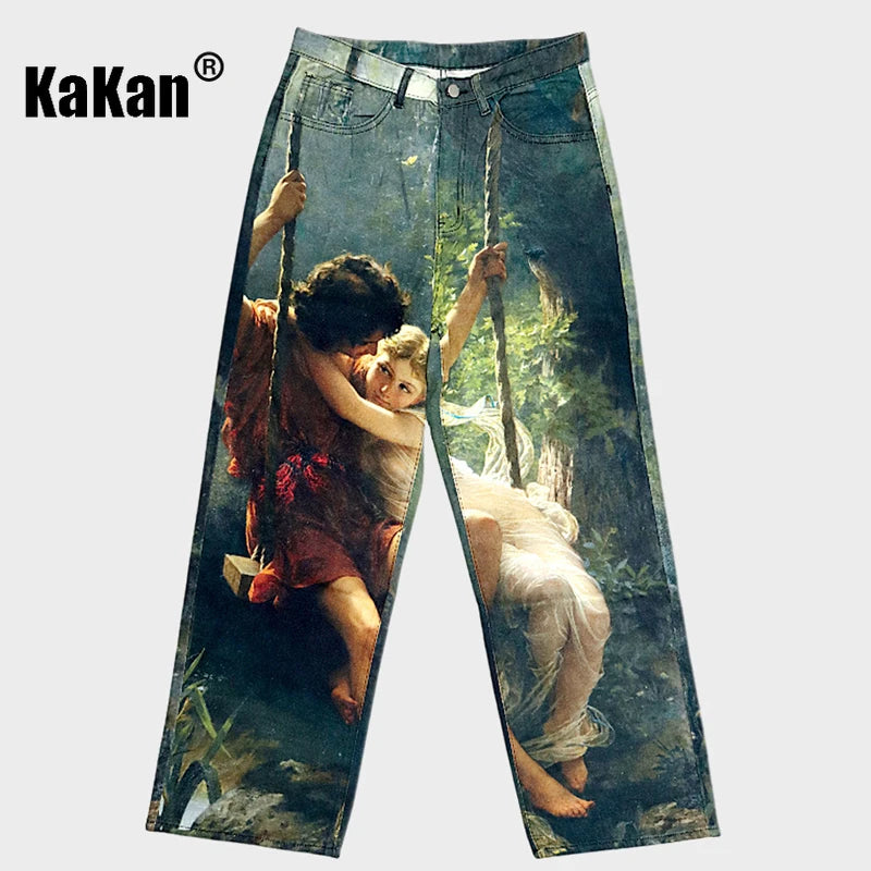 Kakan-y2k New Men's Printed Jeans, Baggy Jeans AC Style 3D Digital Printed Pattern Jeans