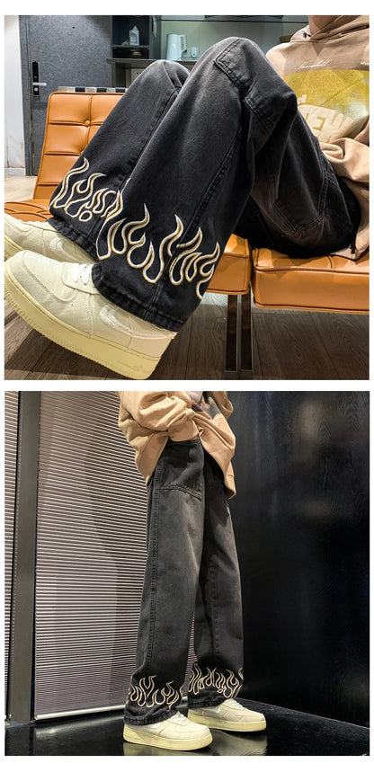 2025 Spring New Personality Embroidery Men's Baggy Jeans Streetwear Loose Straight Denim Trousers Male Brand Clothing