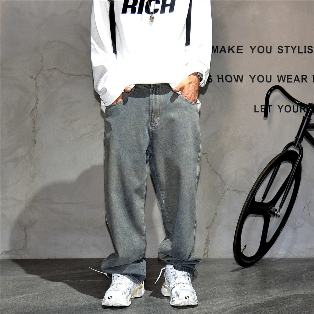 American Streetwear Baggy Jeans For Mens Clothing Vintage Distressed Gray Denim Pants Harajuku Casual Skateboard Pants Male