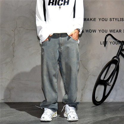 American Streetwear Baggy Jeans For Mens Clothing Vintage Distressed Gray Denim Pants Harajuku Casual Skateboard Pants Male