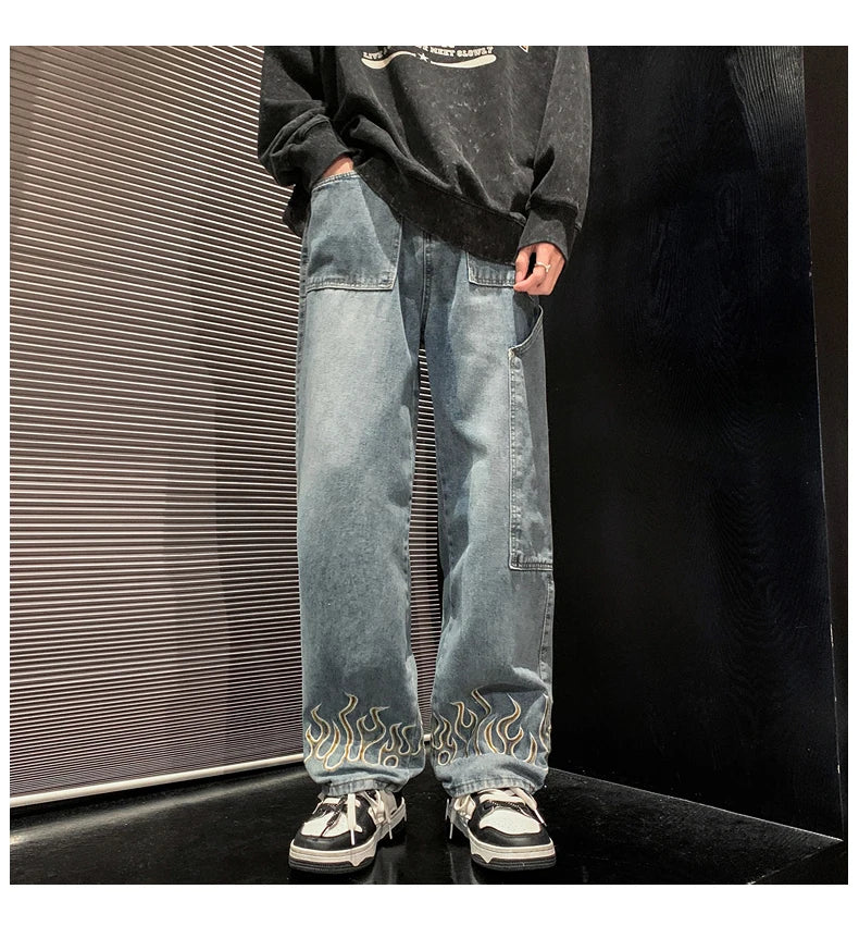 2025 Spring New Personality Embroidery Men's Baggy Jeans Streetwear Loose Straight Denim Trousers Male Brand Clothing
