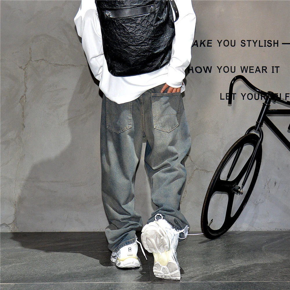 American Streetwear Baggy Jeans For Mens Clothing Vintage Distressed Gray Denim Pants Harajuku Casual Skateboard Pants Male