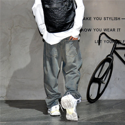 American Streetwear Baggy Jeans For Mens Clothing Vintage Distressed Gray Denim Pants Harajuku Casual Skateboard Pants Male